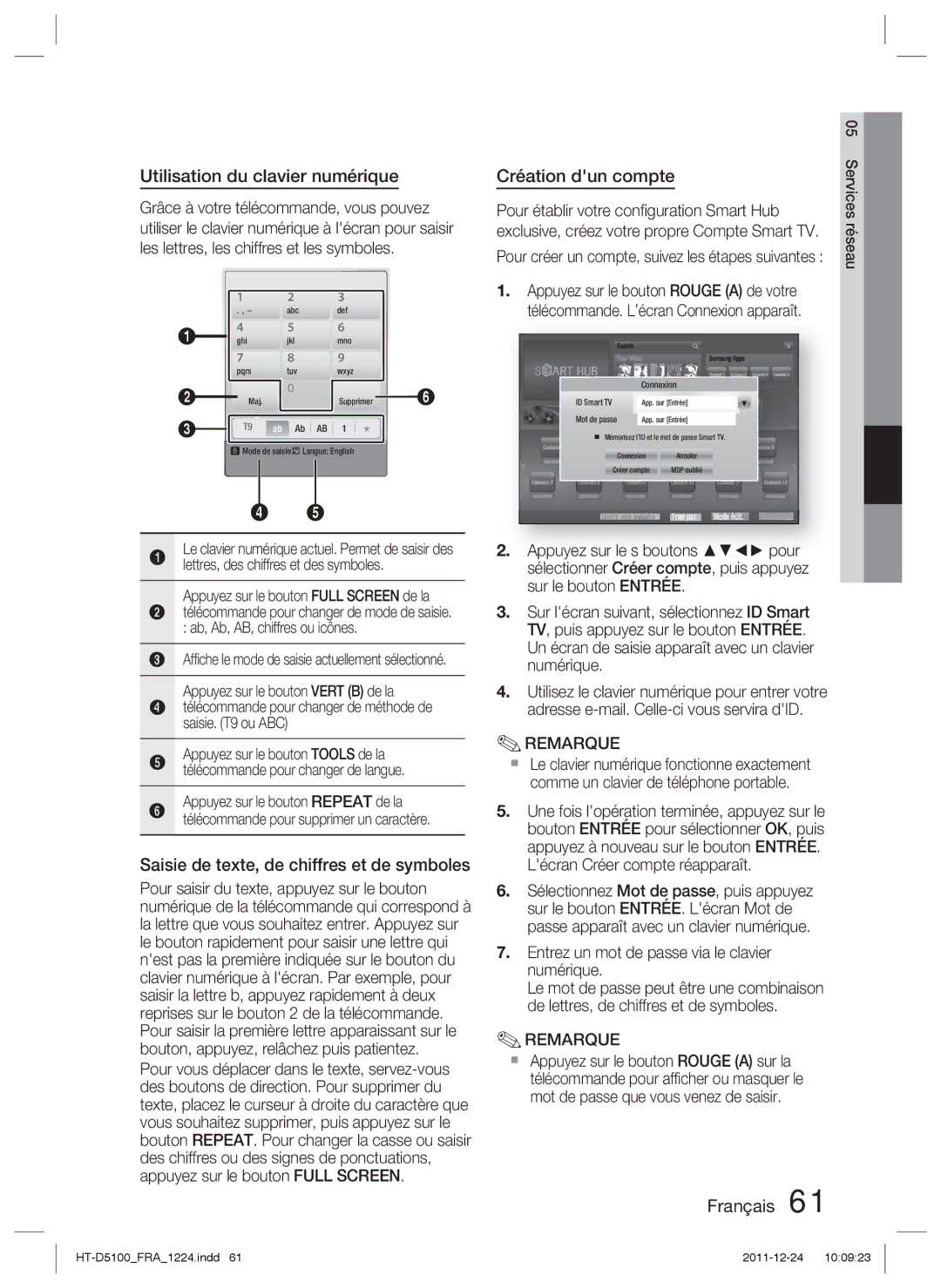 Samsung HT-D5100/EN Utilisation du clavier numérique, Saisie de texte, de chiffres et de symboles, Création dun compte 