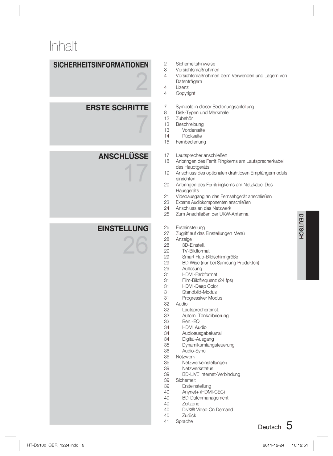 Samsung HT-D5100/XE manual Inhalt, Sicherheitshinweise Vorsichtsmaßnahmen, Datenträgern Lizenz Copyright, Des Hauptgeräts 