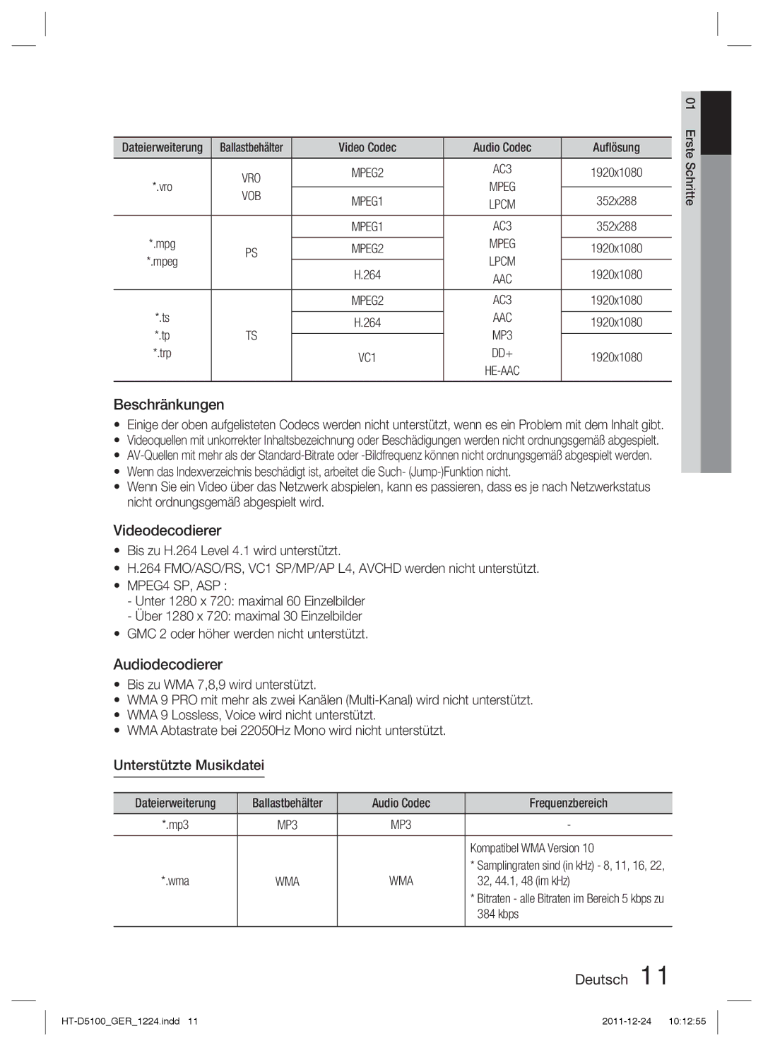 Samsung HT-D5100/XN, HT-D5100/EN, HT-D5100/ZF Beschränkungen, Videodecodierer, Audiodecodierer, Unterstützte Musikdatei 