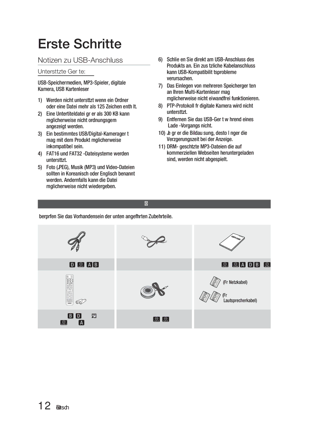 Samsung HT-D5100/ZF, HT-D5100/EN, HT-D5100/XN manual Notizen zu USB-Anschluss, Unterstützte Geräte, Zubehör, Ferritringkern 