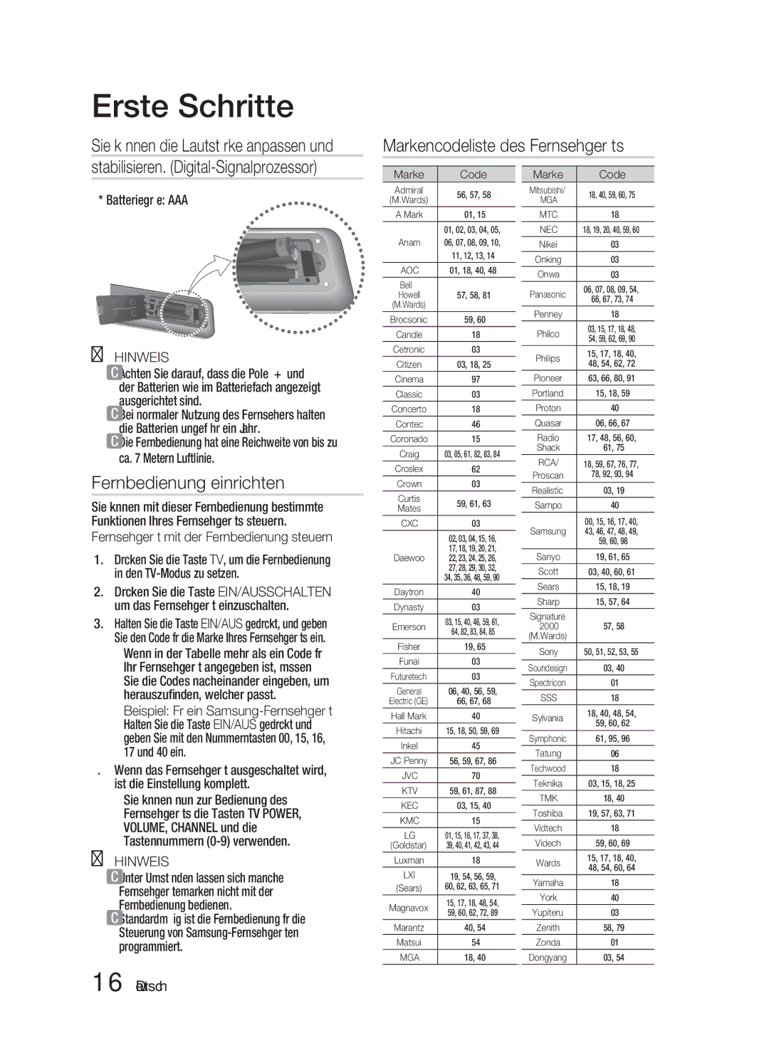 Samsung HT-D5100/ZF manual Markencodeliste des Fernsehgeräts, Fernbedienung einrichten, Batteriegröße AAA, Marke Code 