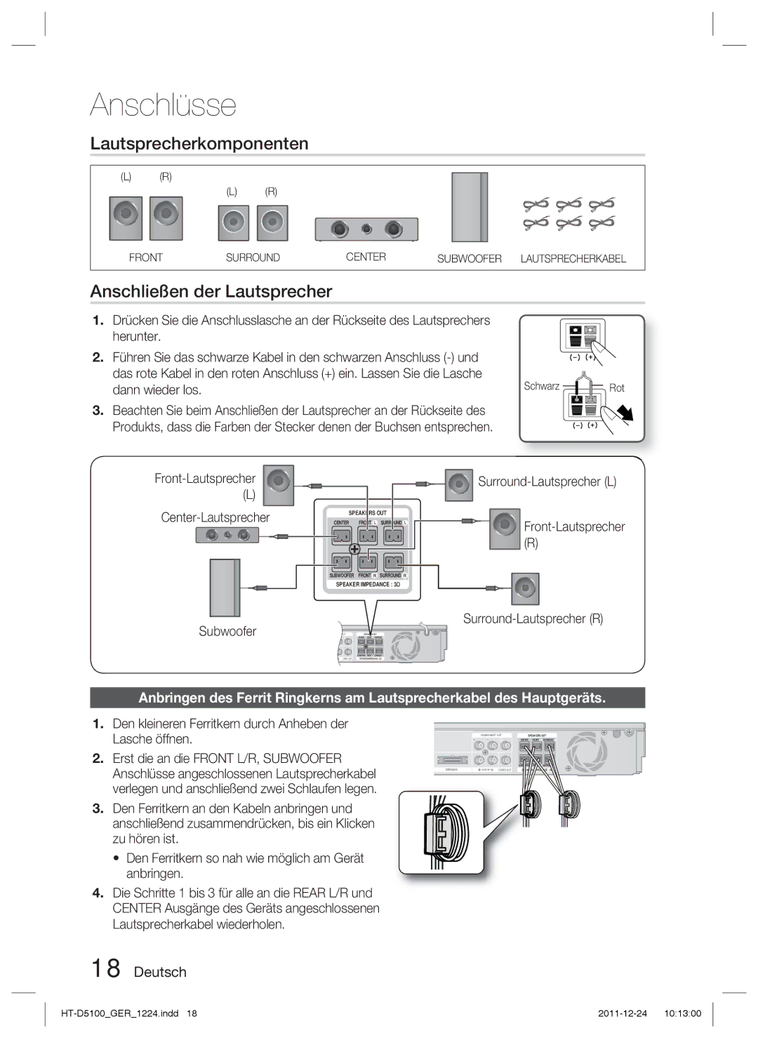 Samsung HT-D5100/EN, HT-D5100/XN, HT-D5100/ZF, HT-D5100/XE manual Lautsprecherkomponenten, Anschließen der Lautsprecher 