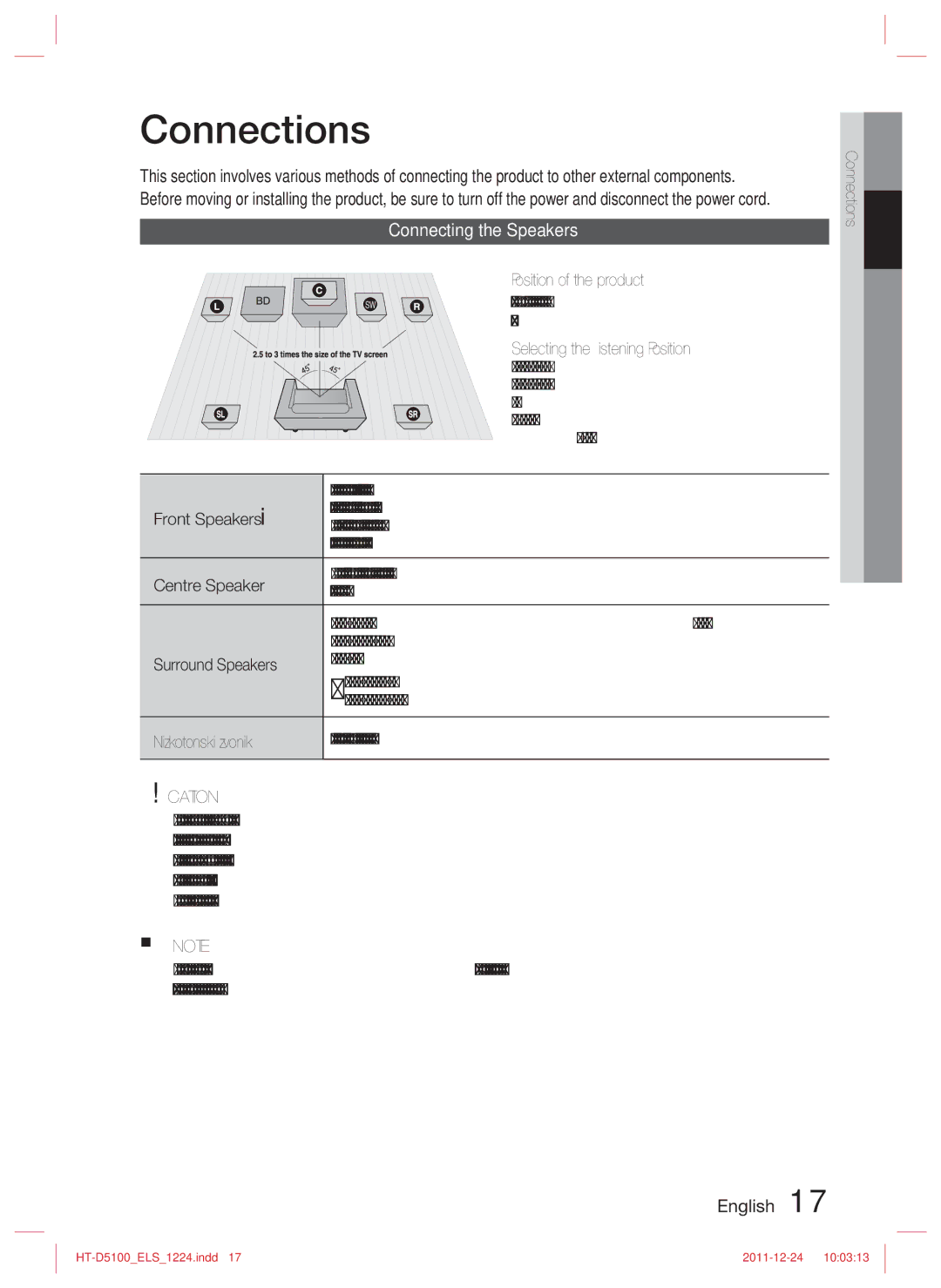 Samsung HT-D5100/XN, HT-D5100/EN, HT-D5100/ZF, HT-D5100/XE manual Connections, Connecting the Speakers 