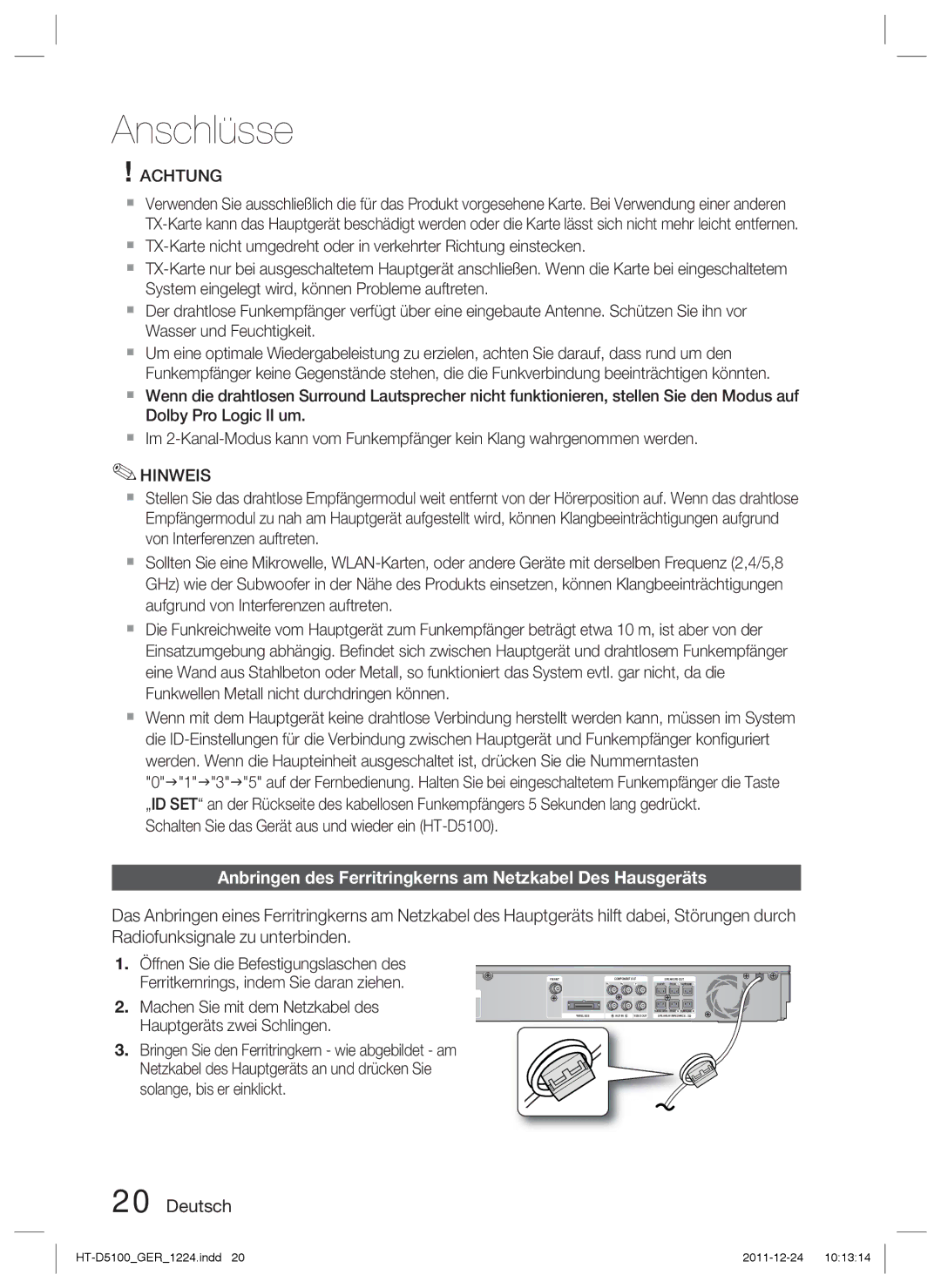 Samsung HT-D5100/ZF, HT-D5100/EN, HT-D5100/XN, HT-D5100/XE manual Anbringen des Ferritringkerns am Netzkabel Des Hausgeräts 