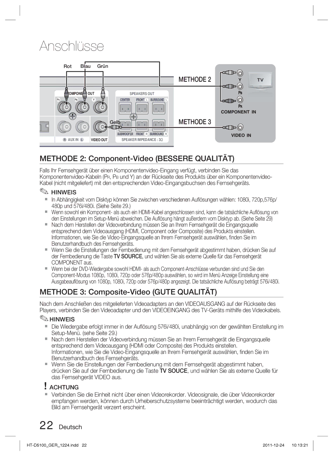 Samsung HT-D5100/EN Methode 2 Component-Video Bessere Qualität, Methode 3 Composite-Video Gute Qualität, Rot Blau Grün 