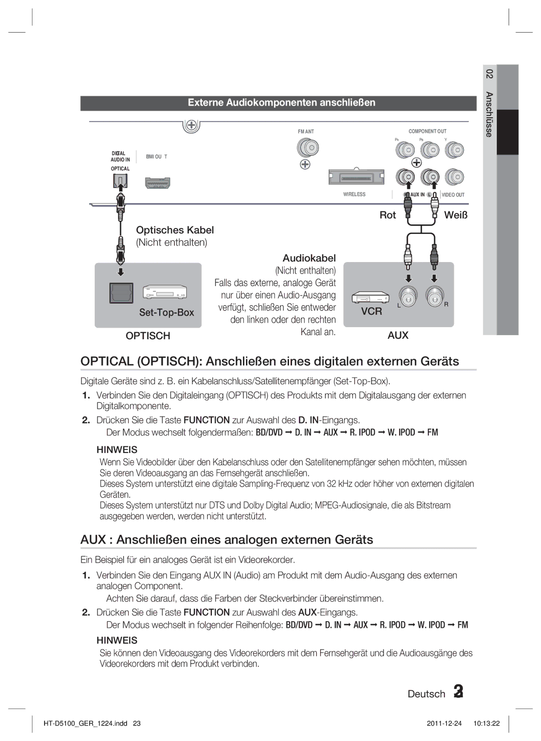 Samsung HT-D5100/XN Optical Optisch Anschließen eines digitalen externen Geräts, Externe Audiokomponenten anschließen 