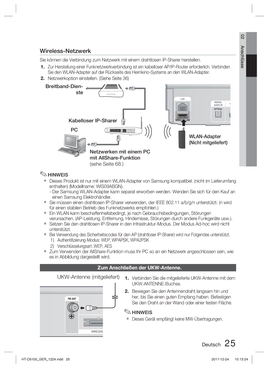 Samsung HT-D5100/XE UKW-Antenne mitgeliefert, Breitband-Dien- ste Kabelloser IP-Sharer, Zum Anschließen der UKW-Antenne 