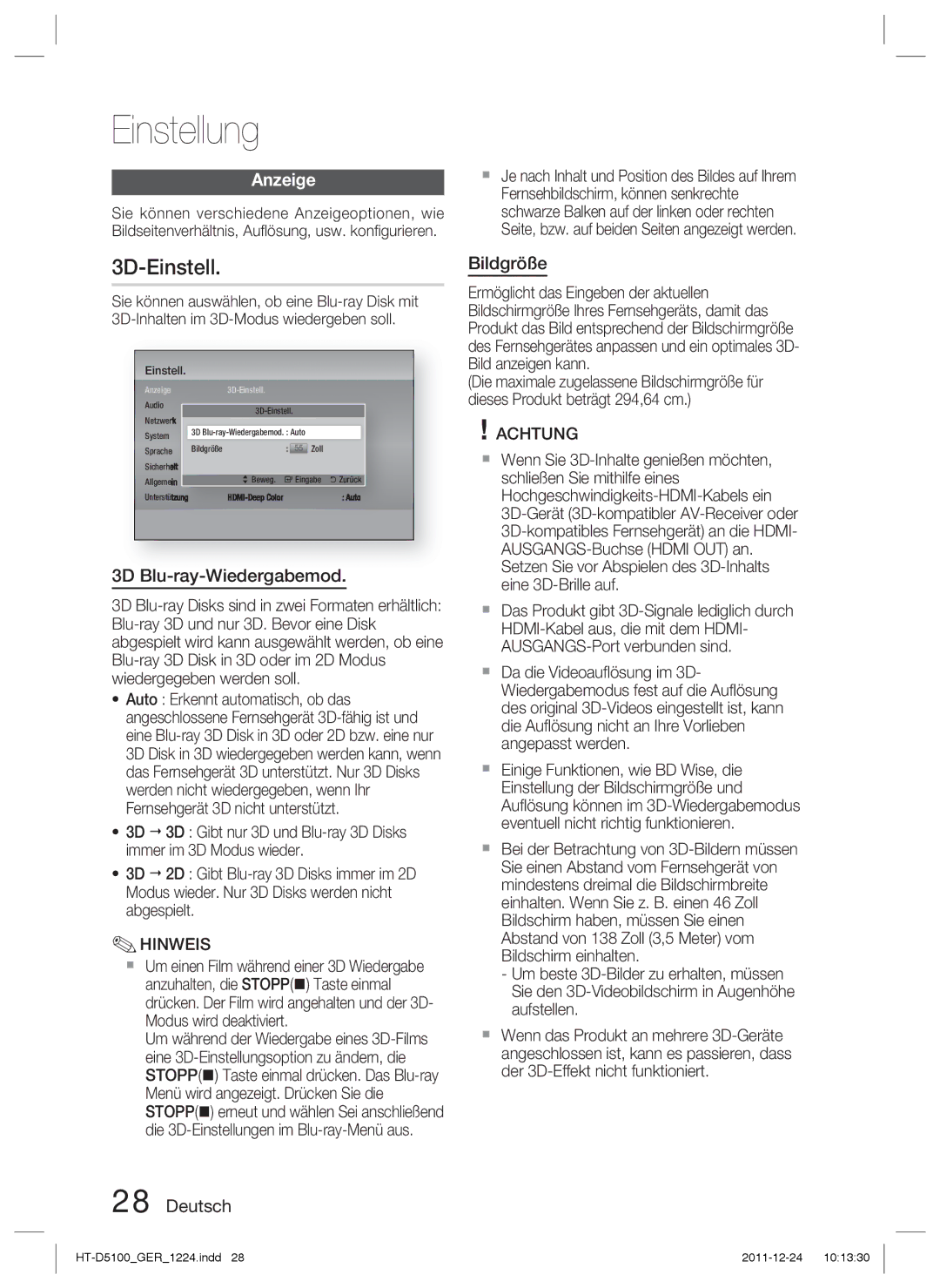 Samsung HT-D5100/ZF, HT-D5100/EN, HT-D5100/XN, HT-D5100/XE 3D-Einstell, Anzeige, 3D Blu-ray-Wiedergabemod, Deutsch Bildgröße 