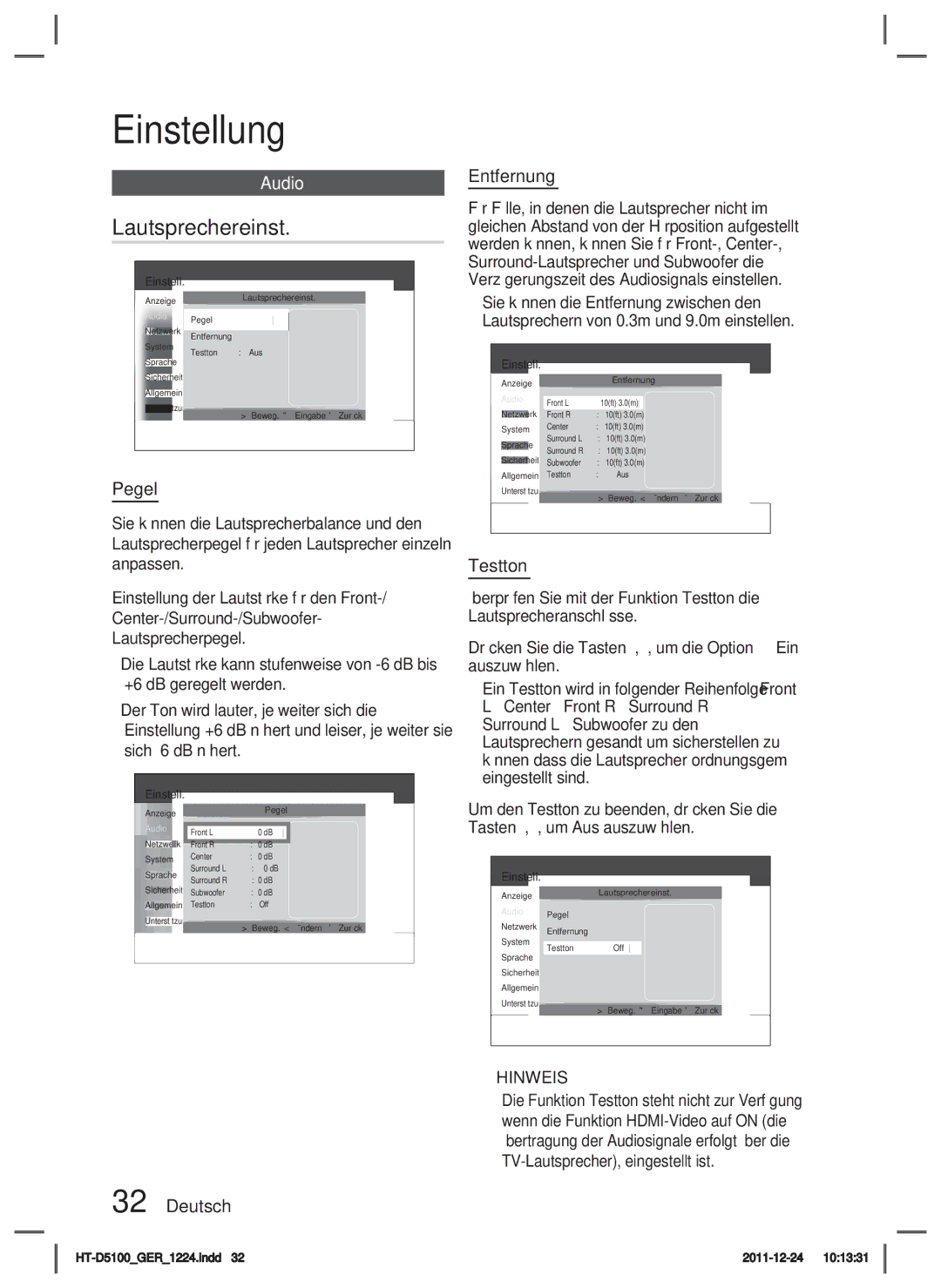 Samsung HT-D5100/ZF, HT-D5100/EN, HT-D5100/XN, HT-D5100/XE manual Lautsprechereinst, Pegel, Deutsch Entfernung, Testton 