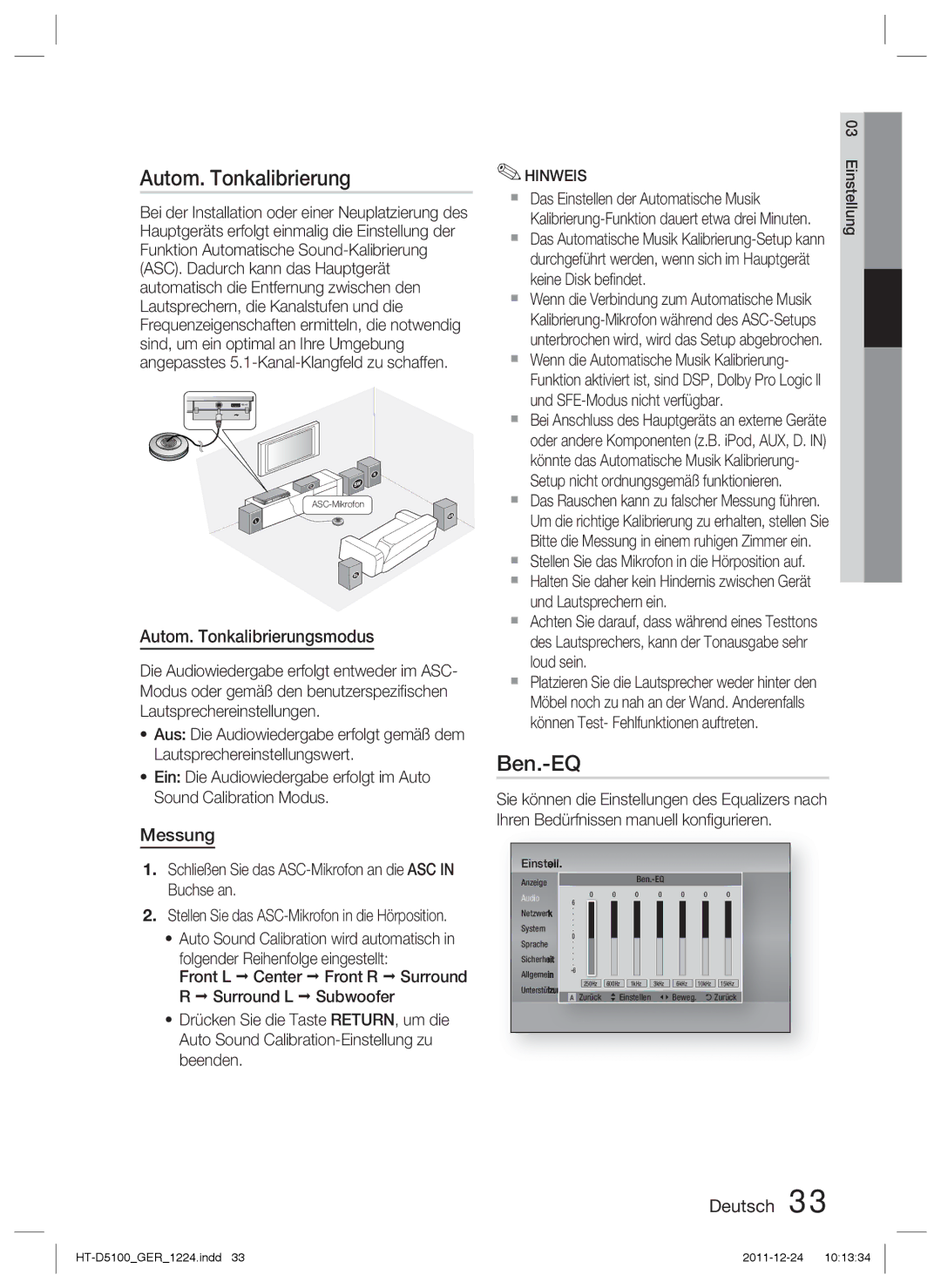 Samsung HT-D5100/XE, HT-D5100/EN, HT-D5100/XN, HT-D5100/ZF manual Ben.-EQ, Autom. Tonkalibrierungsmodus, Messung 