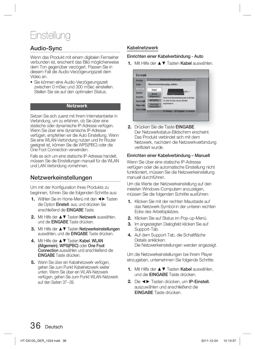 Samsung HT-D5100/ZF, HT-D5100/EN, HT-D5100/XN, HT-D5100/XE manual Audio-Sync, Netzwerkeinstellungen, Kabelnetzwerk 