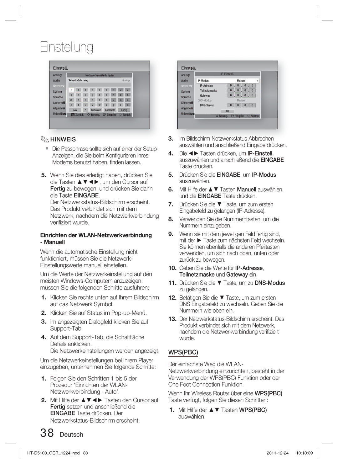 Samsung HT-D5100/EN Verwenden Sie die Nummerntasten, um die Nummern einzugeben, Mit Hilfe der Tasten Wpspbc auswählen 