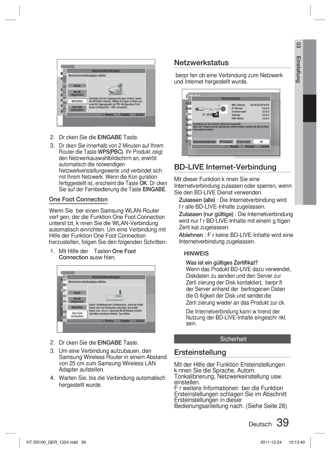 Samsung HT-D5100/XN, HT-D5100/EN, HT-D5100/ZF manual Netzwerkstatus, BD-LIVE Internet-Verbindung, Ersteinstellung, Sicherheit 