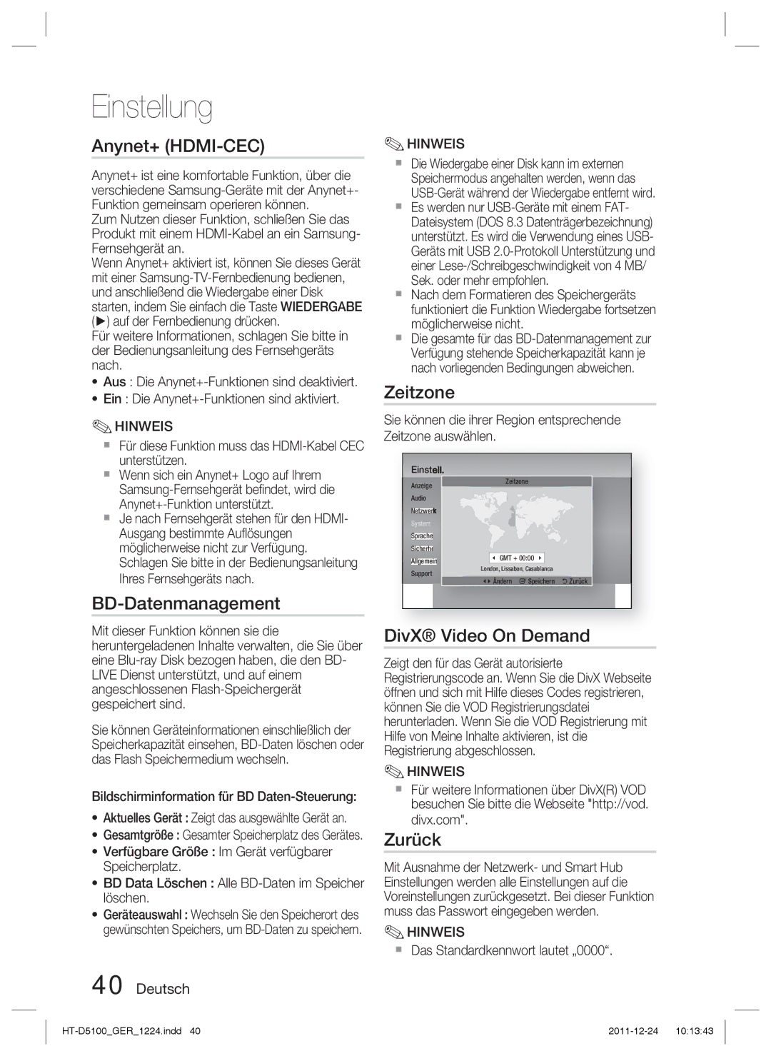 Samsung HT-D5100/ZF, HT-D5100/EN, HT-D5100/XN, HT-D5100/XE manual BD-Datenmanagement, Zeitzone, Zurück 