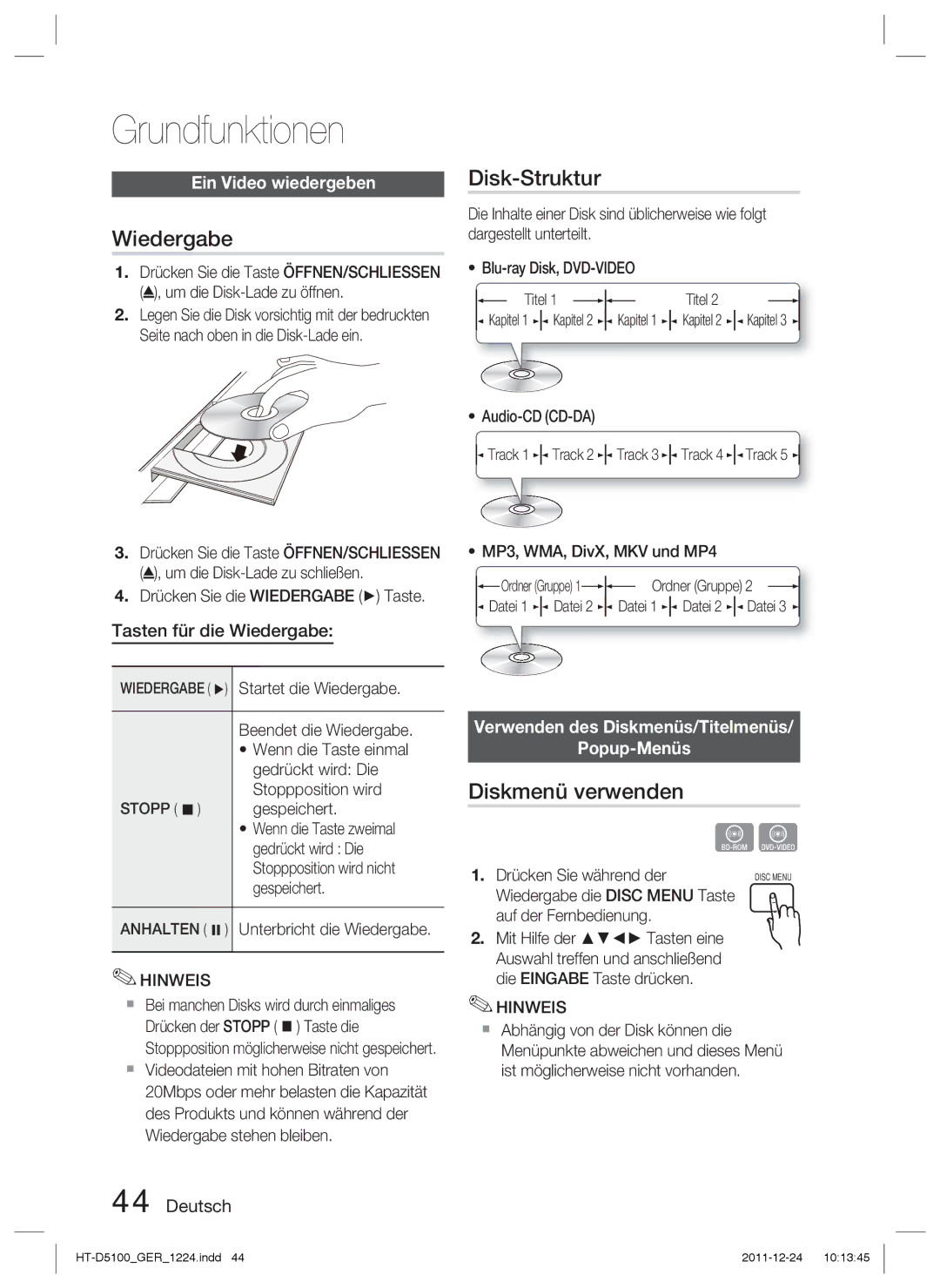 Samsung HT-D5100/ZF, HT-D5100/EN, HT-D5100/XN, HT-D5100/XE Grundfunktionen, Wiedergabe, Disk-Struktur, Diskmenü verwenden 