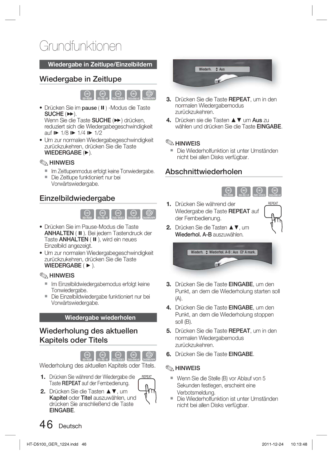 Samsung HT-D5100/EN manual Wiedergabe in Zeitlupe, Einzelbildwiedergabe, Wiederholung des aktuellen Kapitels oder Titels 