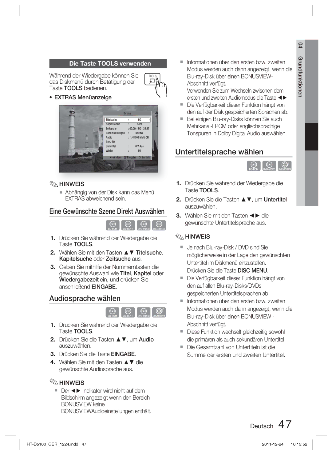 Samsung HT-D5100/XN, HT-D5100/EN, HT-D5100/ZF manual Audiosprache wählen, Untertitelsprache wählen, Die Taste Tools verwenden 