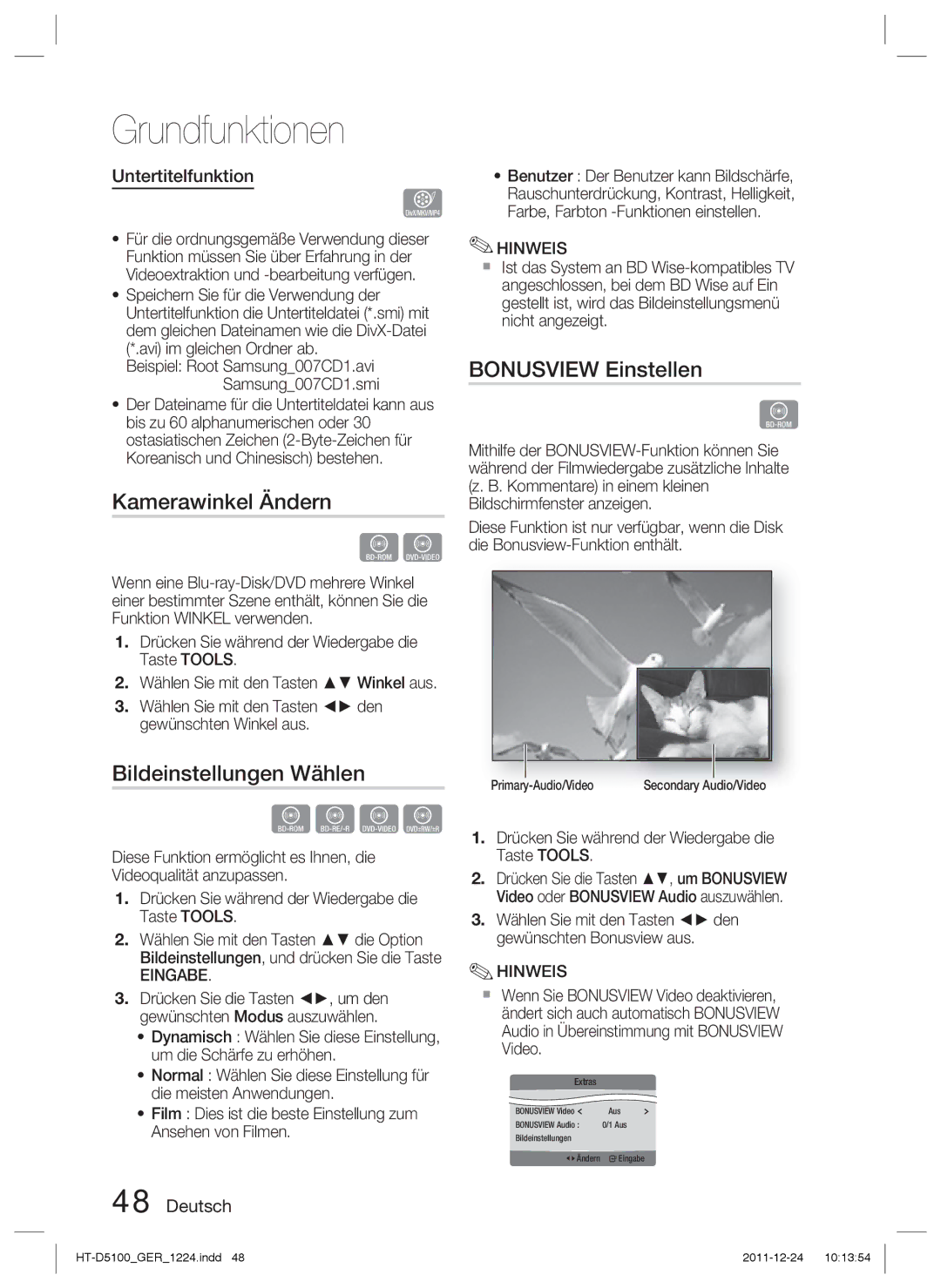 Samsung HT-D5100/ZF, HT-D5100/EN Kamerawinkel Ändern, Bildeinstellungen Wählen, Bonusview Einstellen, Untertitelfunktion 