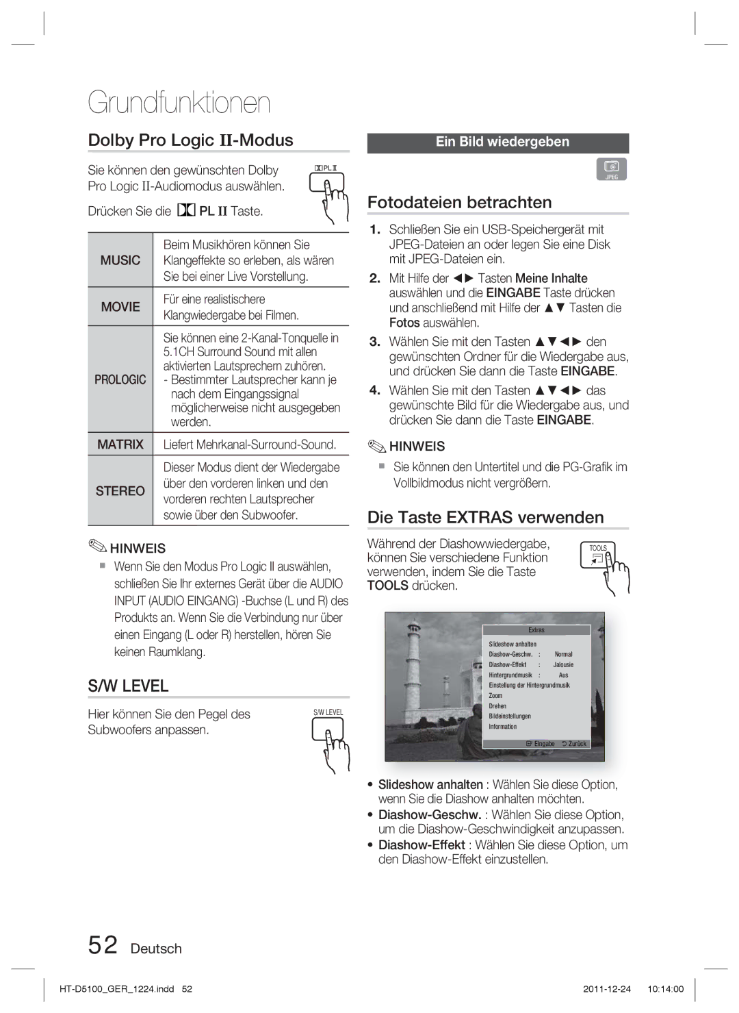 Samsung HT-D5100/ZF Dolby Pro Logic II-Modus, Fotodateien betrachten, Die Taste Extras verwenden, Ein Bild wiedergeben 