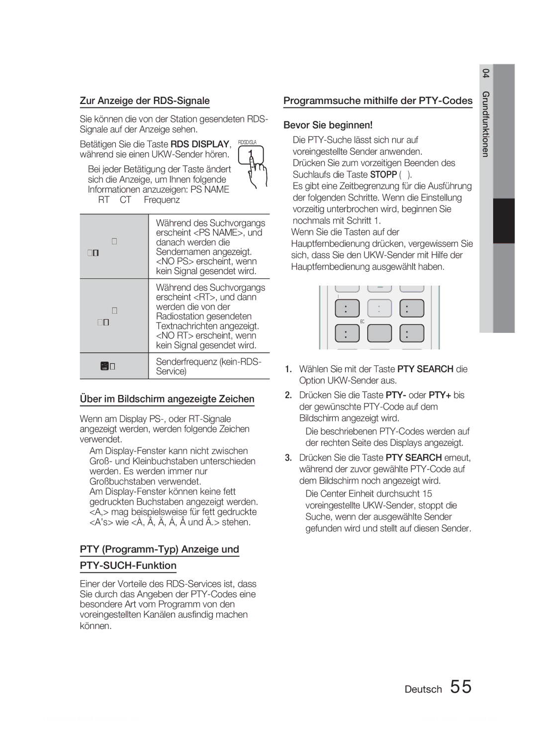 Samsung HT-D5100/XN, HT-D5100/EN Zur Anzeige der RDS-Signale, Über im Bildschirm angezeigte Zeichen, Bevor Sie beginnen 