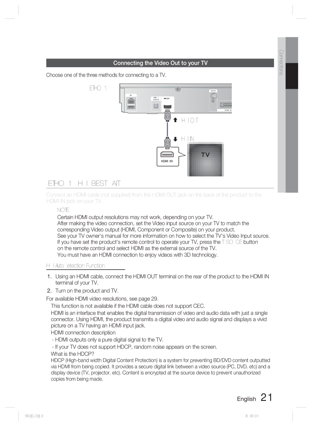 Samsung HT-D5100/XN, HT-D5100/EN, HT-D5100/ZF, HT-D5100/XE Connecting the Video Out to your TV, Hdmi Auto Detection Function 