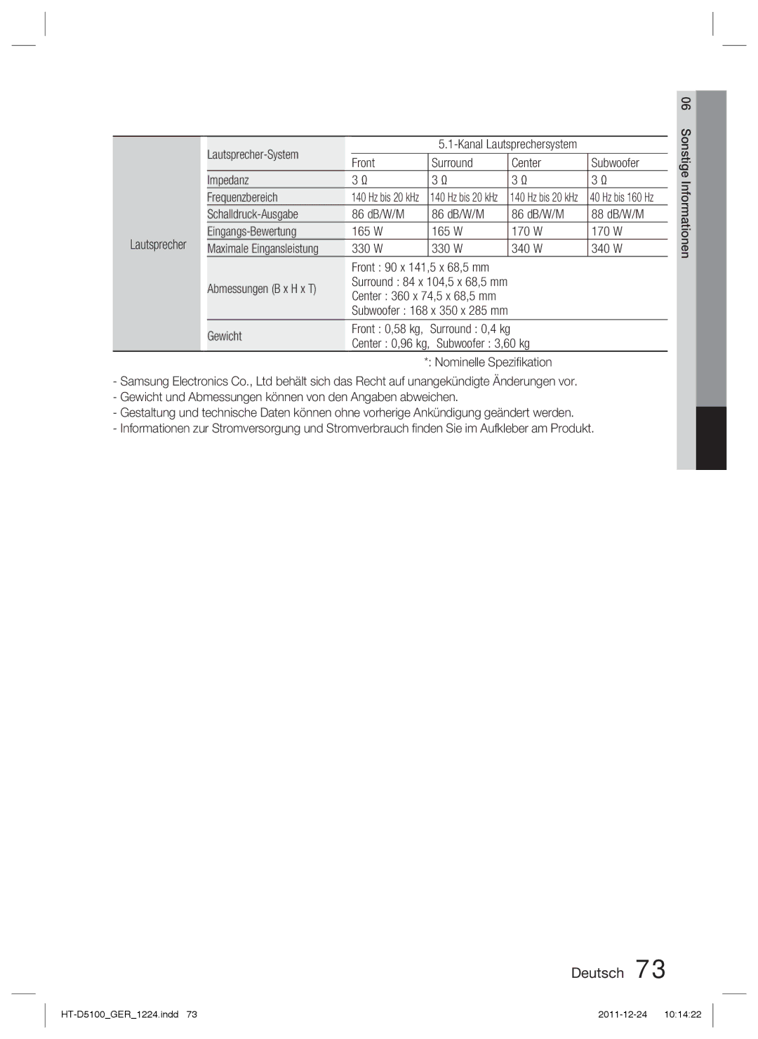 Samsung HT-D5100/XE manual Lautsprecher-System, Front Surround Center Subwoofer Impedanz Frequenzbereich, 330 W 340 W 