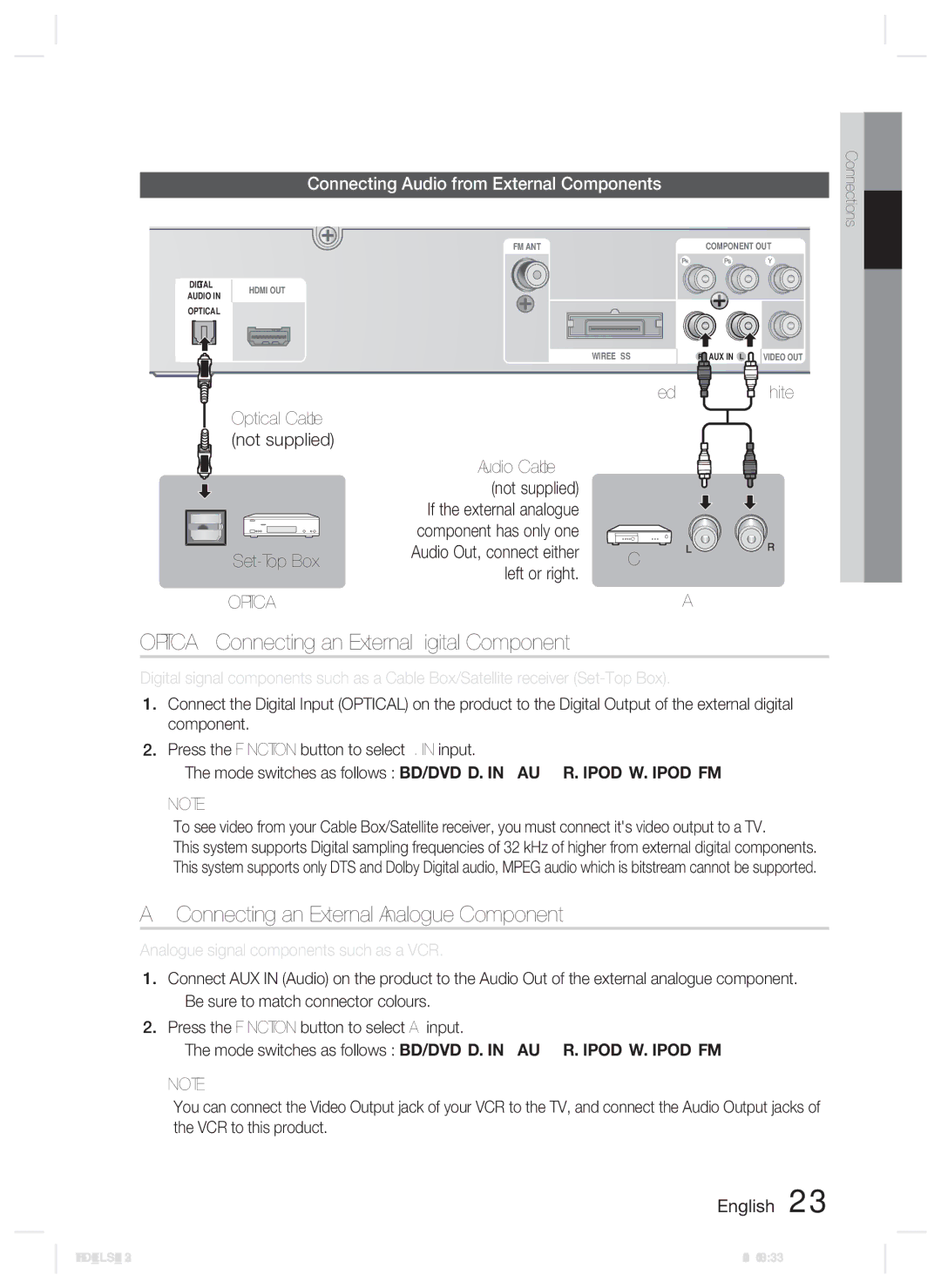 Samsung HT-D5100/XE manual Optical Connecting an External Digital Component, AUX Connecting an External Analogue Component 