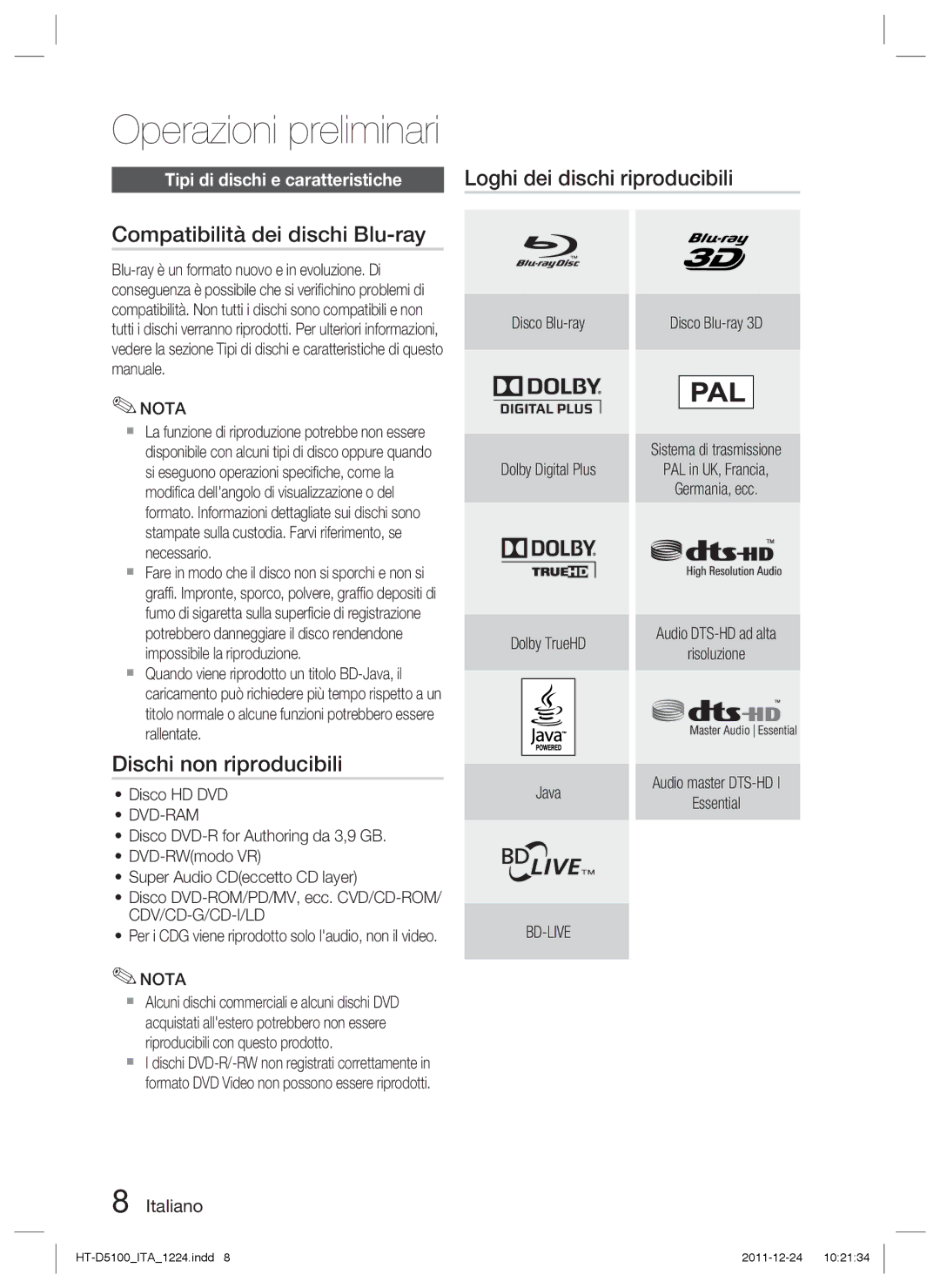 Samsung HT-D5100/XN manual Compatibilità dei dischi Blu-ray, Dischi non riproducibili, Tipi di dischi e caratteristiche 