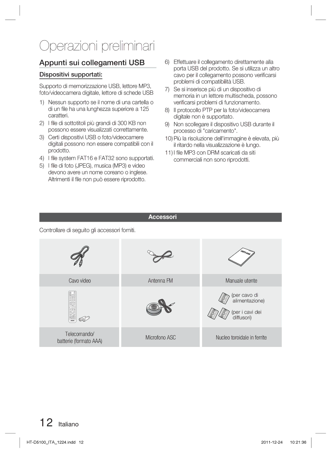 Samsung HT-D5100/XN manual Appunti sui collegamenti USB, Dispositivi supportati, Accessori, Nucleo toroidale in ferrite 