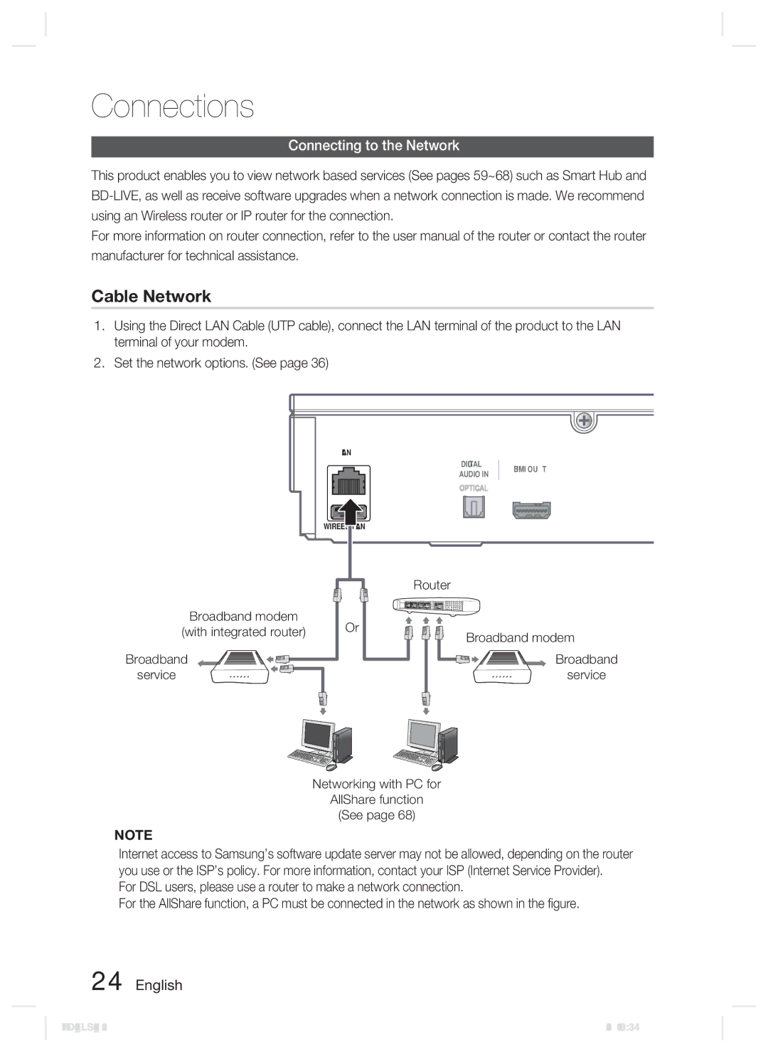 Samsung HT-D5100/EN, HT-D5100/XN manual Connecting to the Network, Broadband Service, Broadband modem With integrated router 