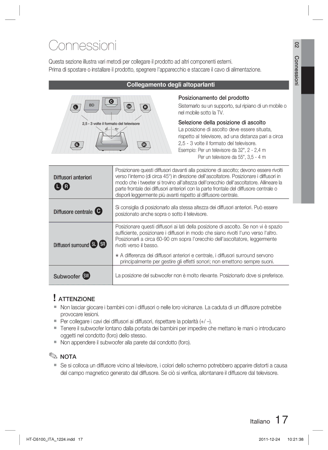 Samsung HT-D5100/ZF, HT-D5100/EN, HT-D5100/XN, HT-D5100/XE manual Connessioni, Collegamento degli altoparlanti 