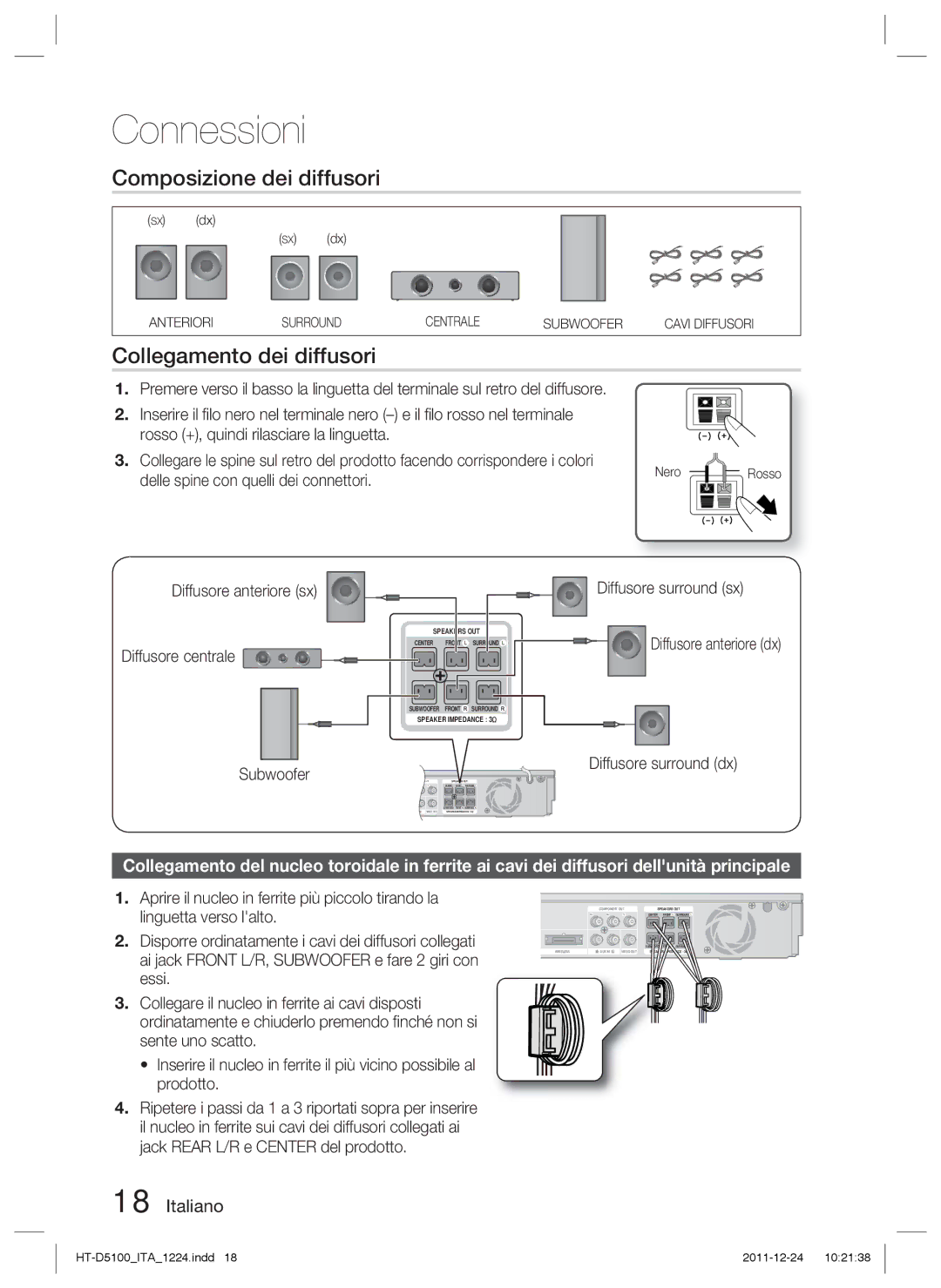 Samsung HT-D5100/XE, HT-D5100/EN, HT-D5100/XN Composizione dei diffusori, Collegamento dei diffusori, SX dx, Nero Rosso 