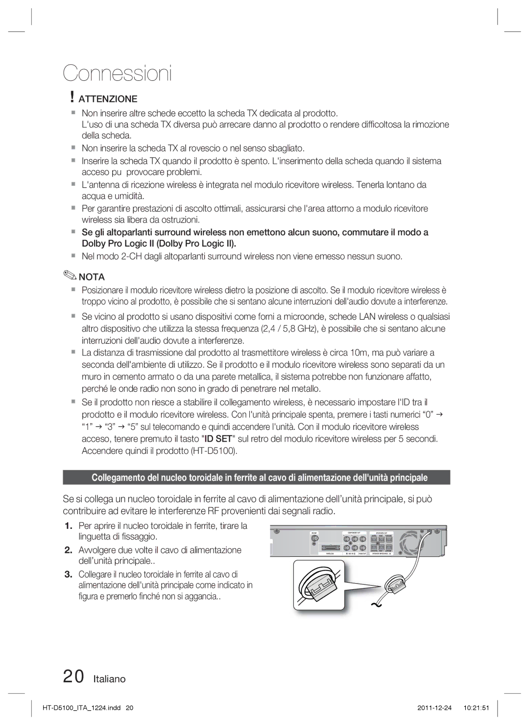 Samsung HT-D5100/XN, HT-D5100/EN, HT-D5100/ZF, HT-D5100/XE manual Attenzione 