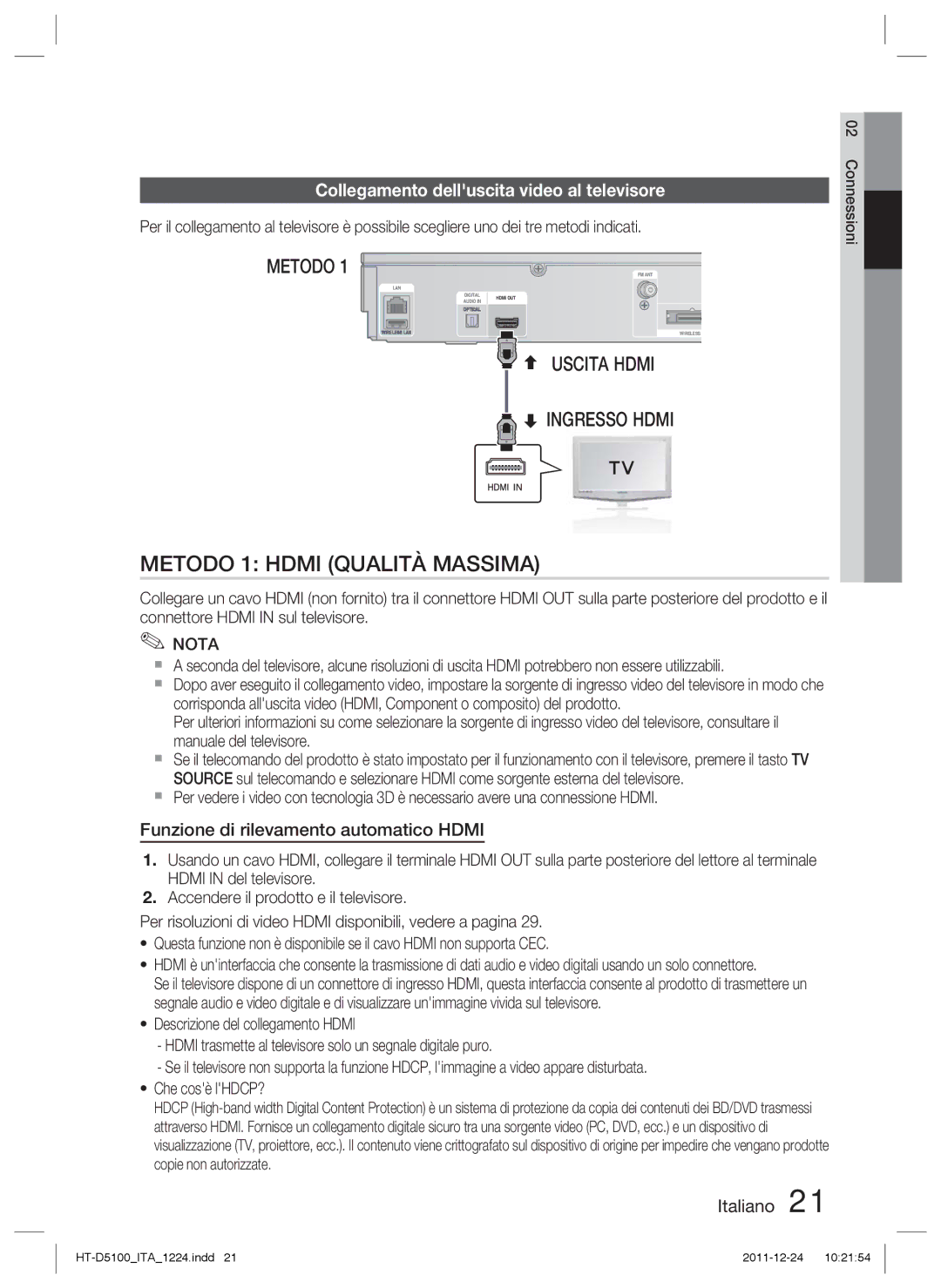 Samsung HT-D5100/ZF, HT-D5100/EN manual Collegamento delluscita video al televisore, Funzione di rilevamento automatico Hdmi 