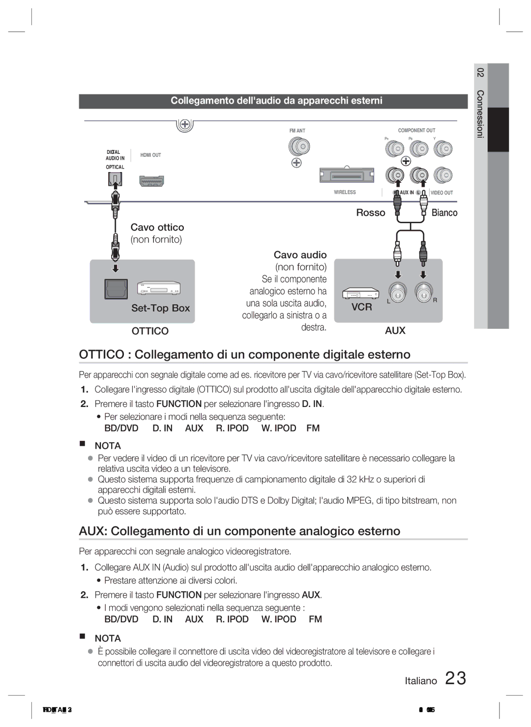 Samsung HT-D5100/EN Ottico Collegamento di un componente digitale esterno, Collegamento dellaudio da apparecchi esterni 