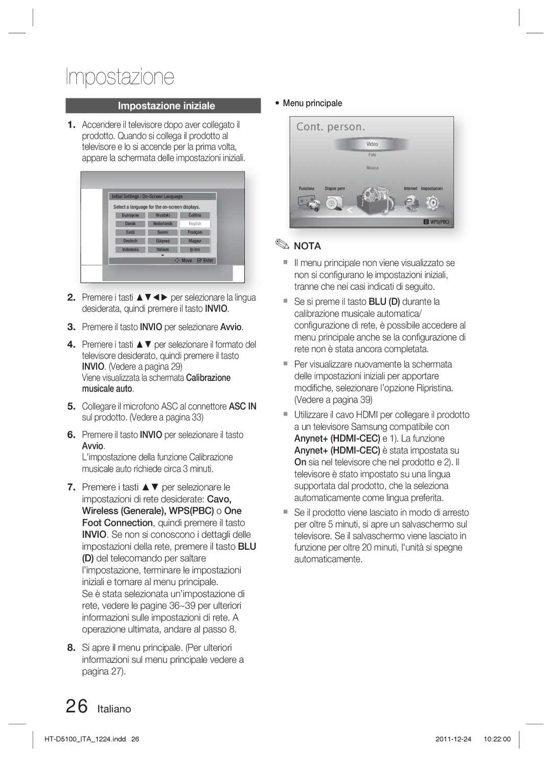 Samsung HT-D5100/XE, HT-D5100/EN Impostazione iniziale, Premere il tasto Invio per selezionare Avvio, Menu principale 