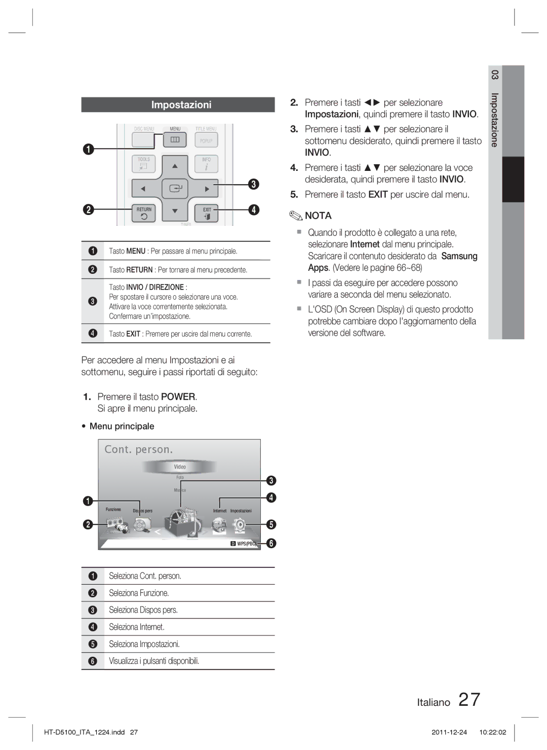 Samsung HT-D5100/EN, HT-D5100/XN, HT-D5100/ZF, HT-D5100/XE manual Impostazioni, Invio 