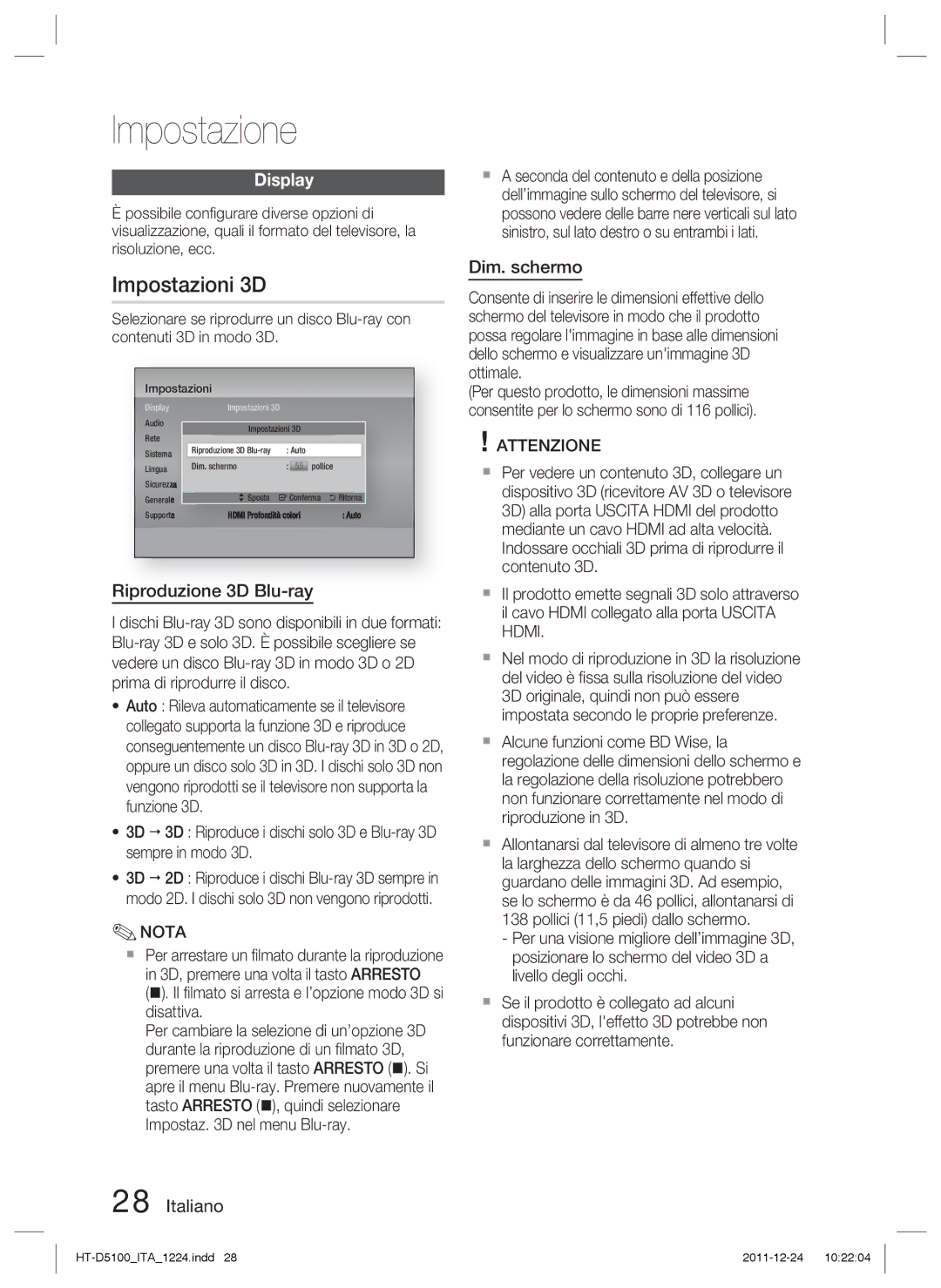 Samsung HT-D5100/XN, HT-D5100/EN, HT-D5100/ZF, HT-D5100/XE manual Impostazioni 3D, Riproduzione 3D Blu-ray, Dim. schermo 