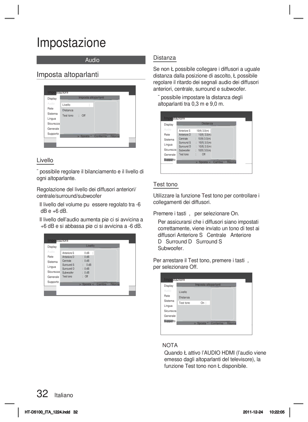 Samsung HT-D5100/XN, HT-D5100/EN, HT-D5100/ZF, HT-D5100/XE manual Imposta altoparlanti, Livello, Italiano Distanza, Test tono 