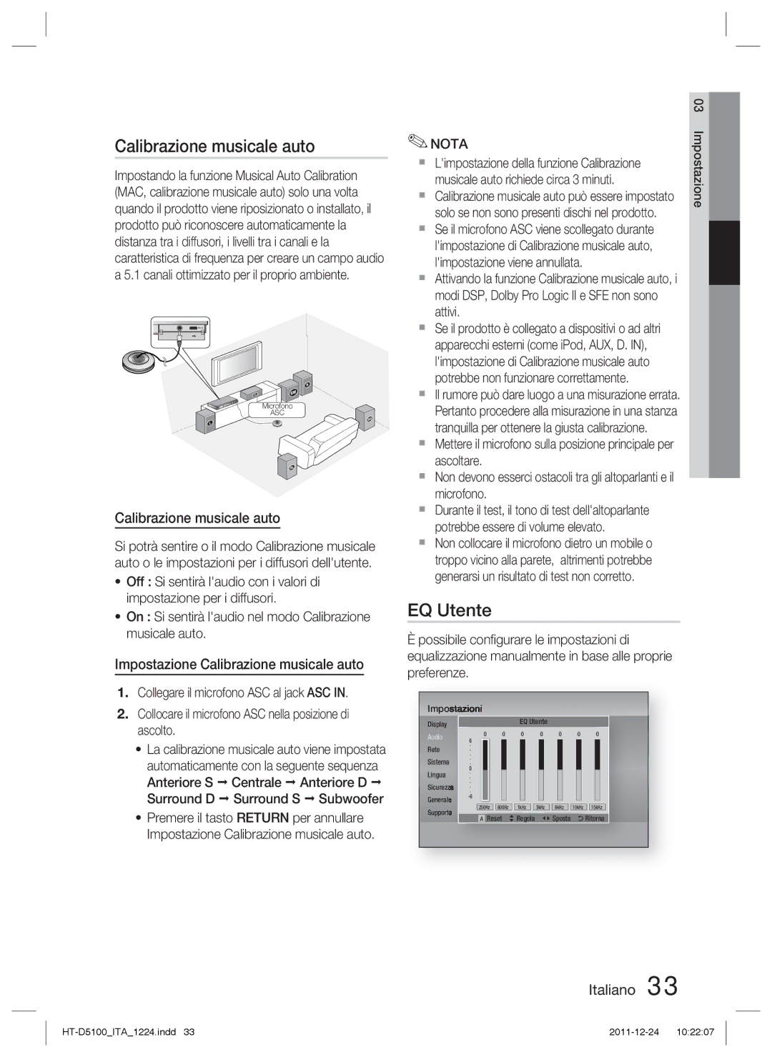 Samsung HT-D5100/ZF, HT-D5100/EN, HT-D5100/XN, HT-D5100/XE manual EQ Utente, Impostazione Calibrazione musicale auto 