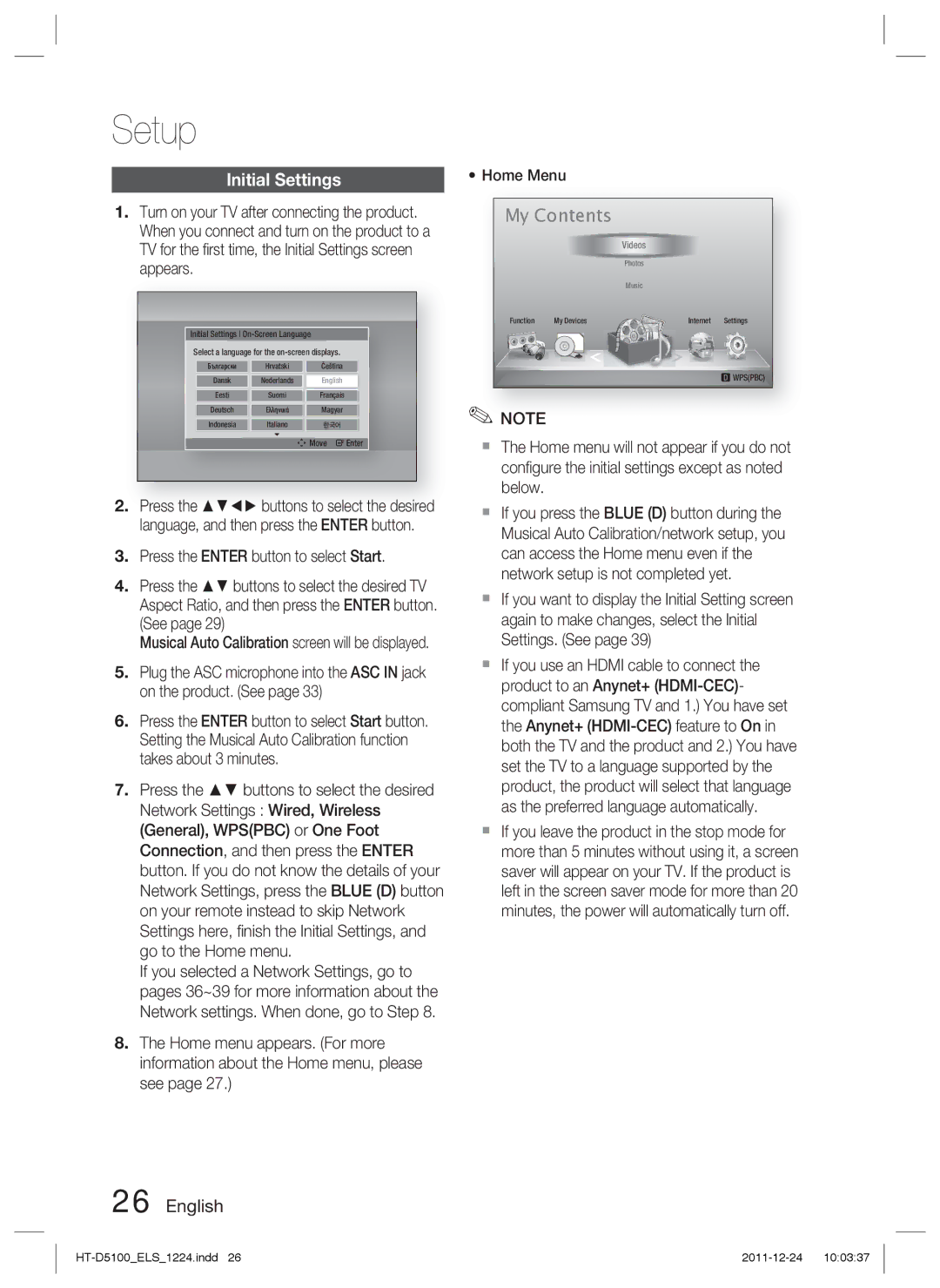 Samsung HT-D5100/ZF, HT-D5100/EN, HT-D5100/XN, HT-D5100/XE manual Setup, My Contents 