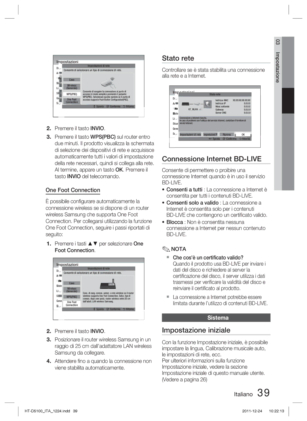 Samsung HT-D5100/EN, HT-D5100/XN, HT-D5100/ZF manual Stato rete, Connessione Internet BD-LIVE, Impostazione iniziale, Sistema 