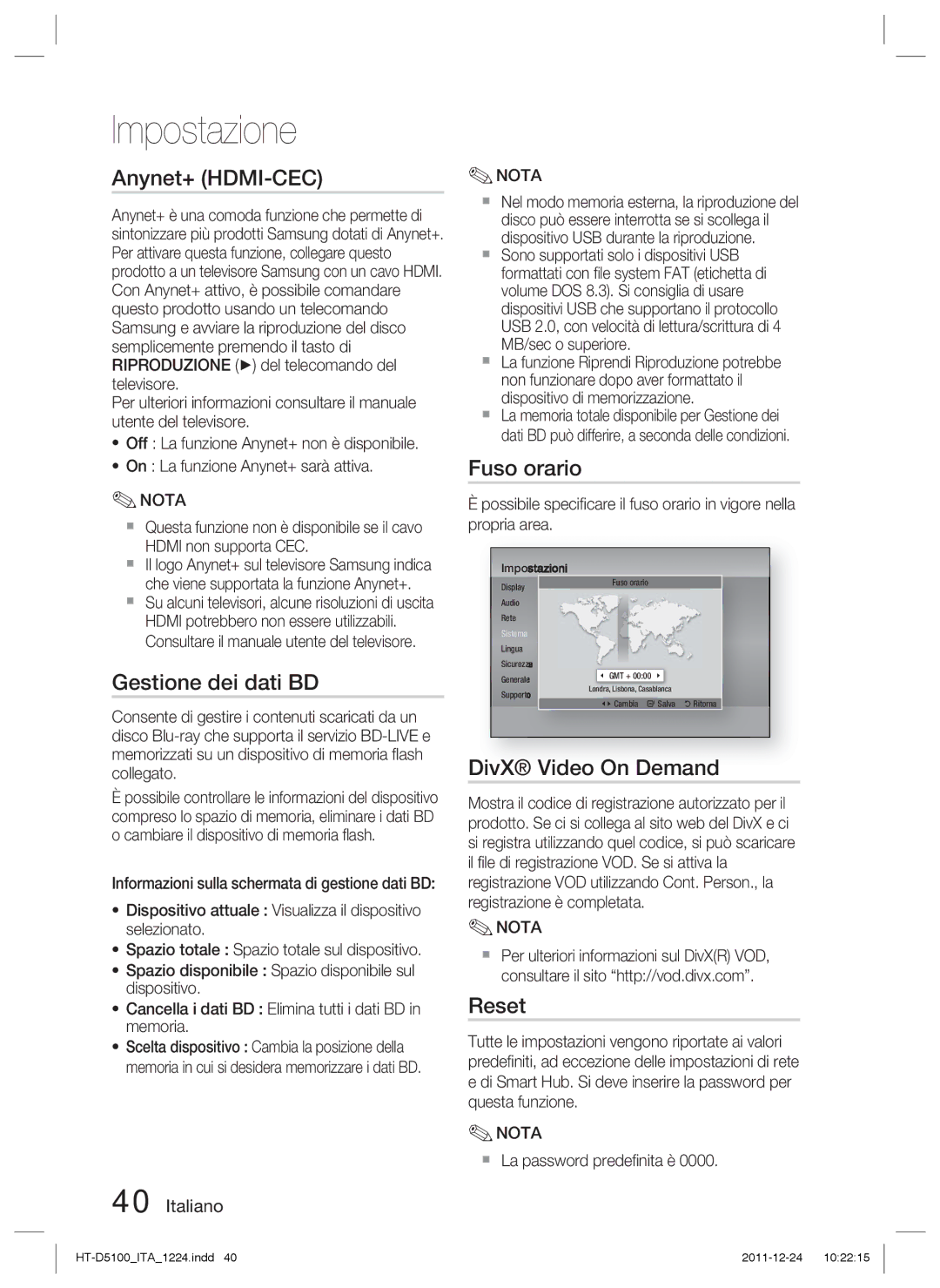 Samsung HT-D5100/XN, HT-D5100/EN, HT-D5100/ZF, HT-D5100/XE Gestione dei dati BD, Fuso orario,  La password predeﬁnita è 