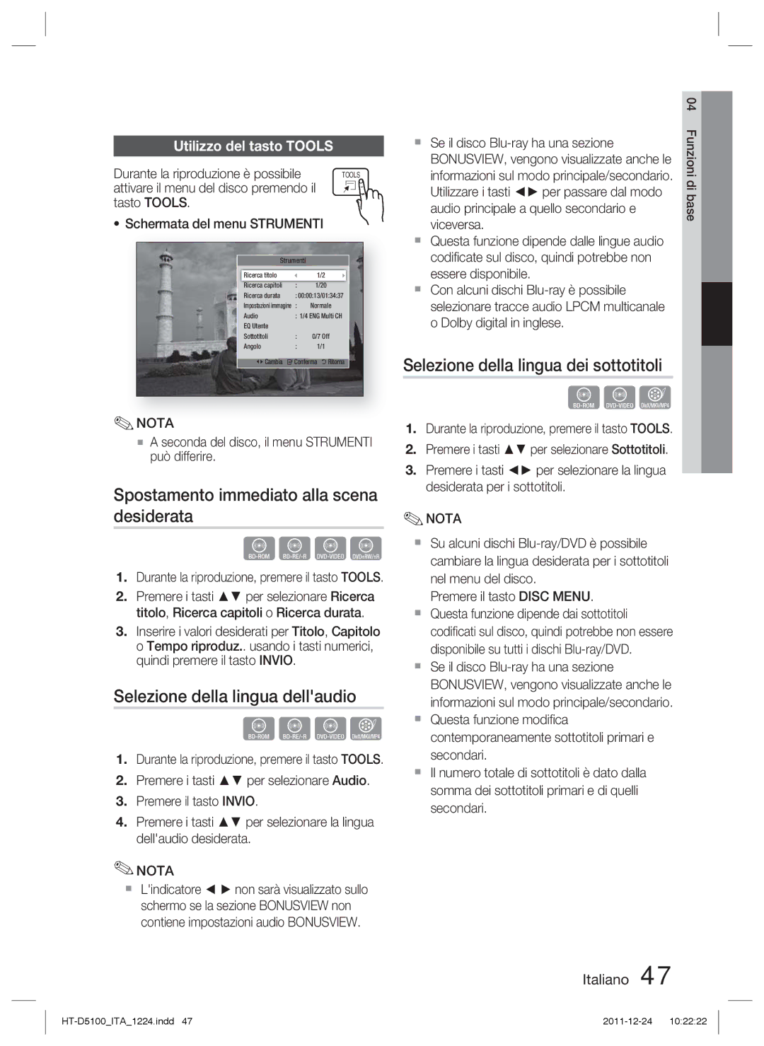 Samsung HT-D5100/EN, HT-D5100/XN, HT-D5100/ZF Spostamento immediato alla scena desiderata, Selezione della lingua dellaudio 