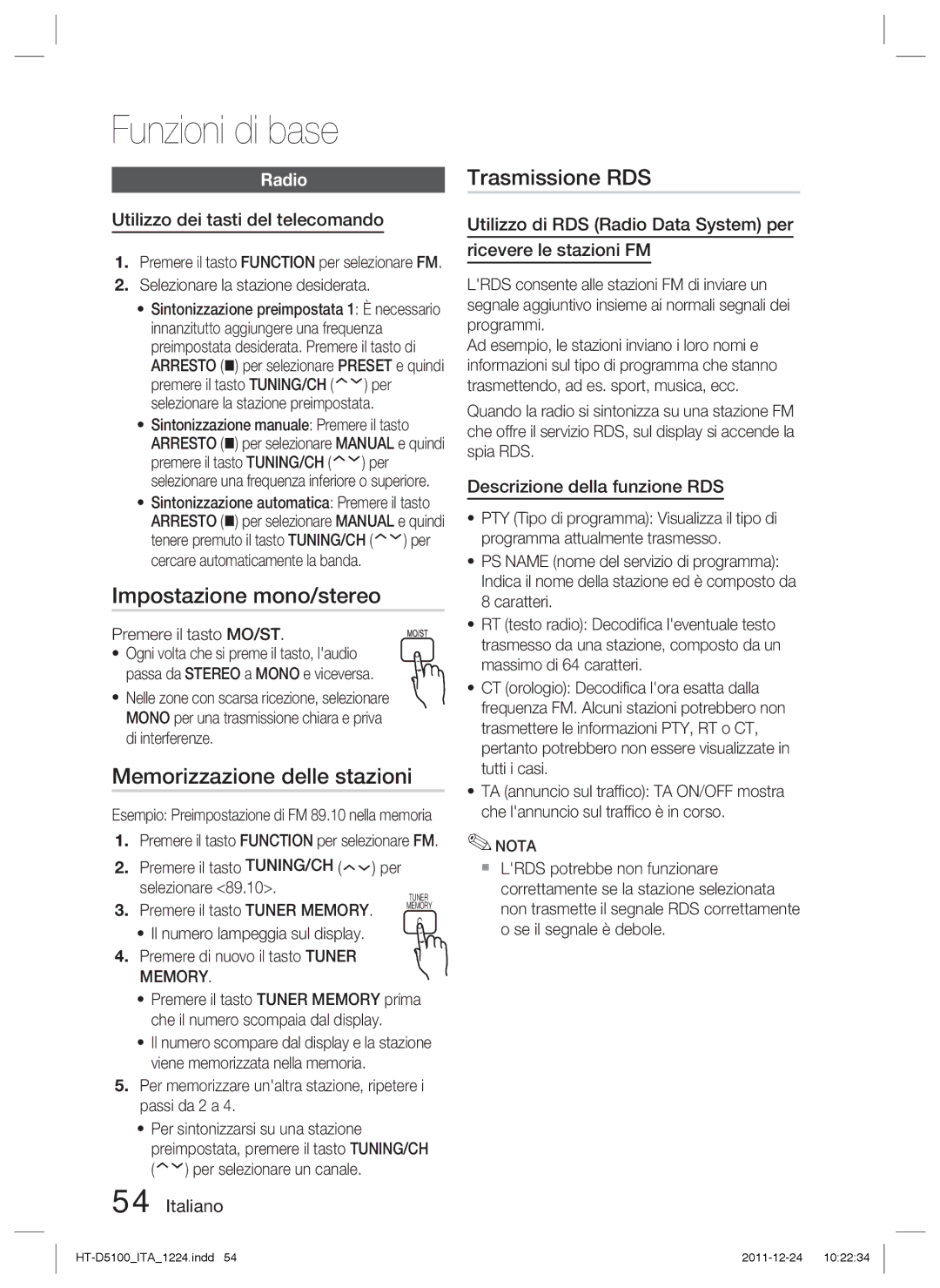 Samsung HT-D5100/XE, HT-D5100/EN manual Impostazione mono/stereo, Memorizzazione delle stazioni, Trasmissione RDS, Radio 