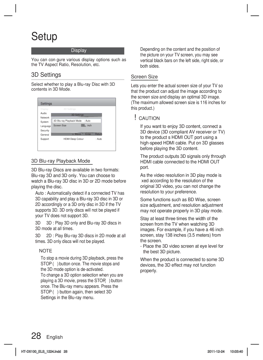 Samsung HT-D5100/EN, HT-D5100/XN, HT-D5100/ZF, HT-D5100/XE manual 3D Settings, Display, 3D Blu-ray Playback Mode, Screen Size 