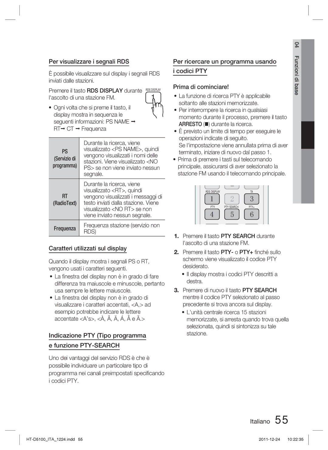 Samsung HT-D5100/EN Per visualizzare i segnali RDS, Caratteri utilizzati sul display, Per ricercare un programma usando 