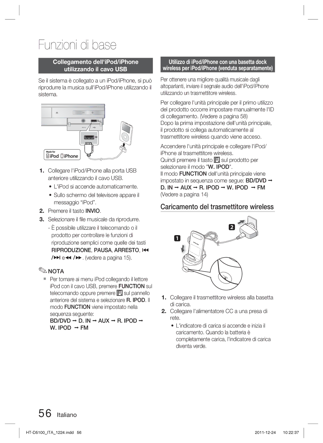 Samsung HT-D5100/XN manual Caricamento del trasmettitore wireless, Collegamento delliPod/iPhone Utilizzando il cavo USB 