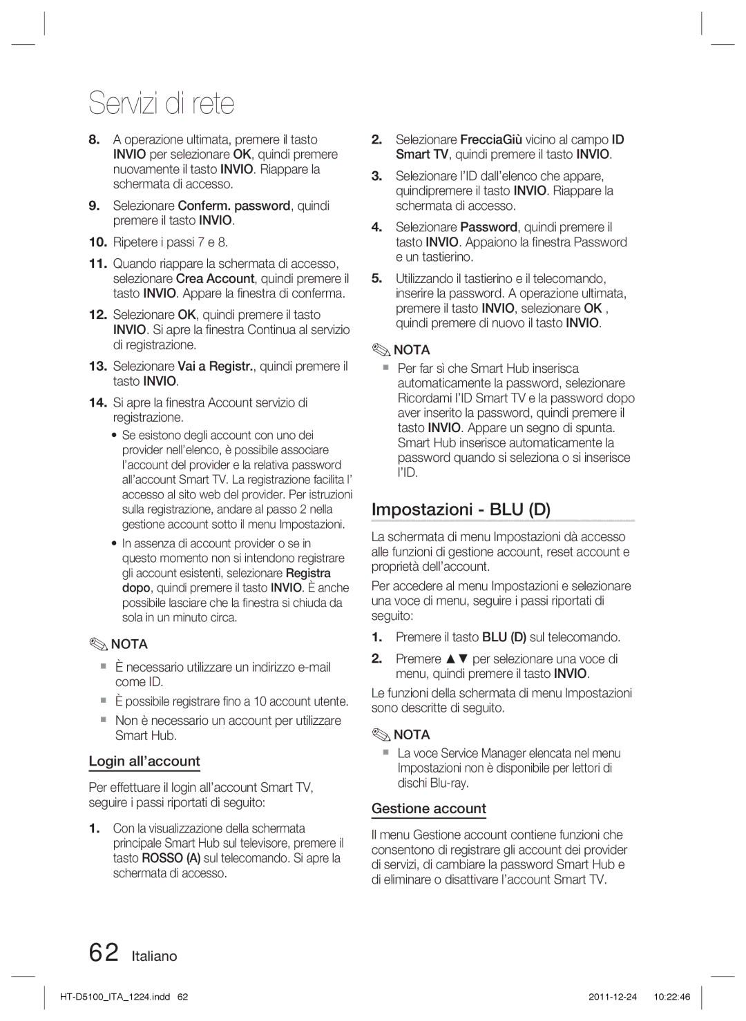 Samsung HT-D5100/XE, HT-D5100/EN, HT-D5100/XN, HT-D5100/ZF manual Impostazioni BLU D, Login all’account, Gestione account 