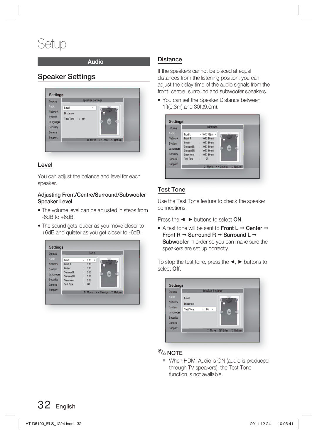 Samsung HT-D5100/EN, HT-D5100/XN, HT-D5100/ZF, HT-D5100/XE manual Speaker Settings, Audio, Level, Distance, Test Tone 